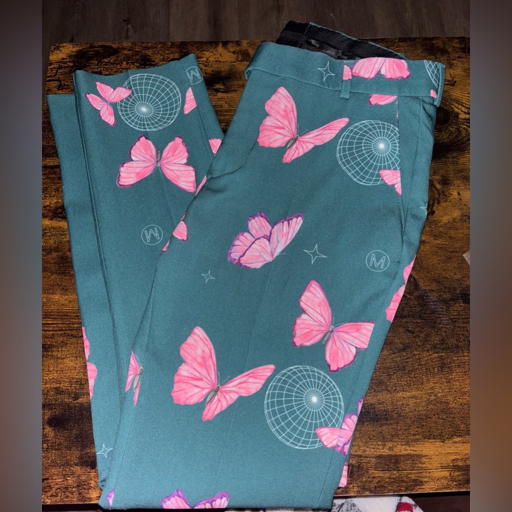 Boohoo Green Pants with Pink Butterfly Print